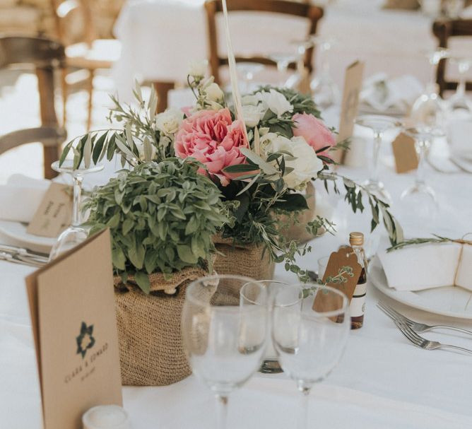 Herb in Hessian Centrepieces | Outdoor Pastel Destination Wedding at Agreco in Greece | Best Moments Wedding Planner | Paulina Weddings Photography