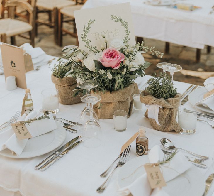 Herb in Hessian Centrepieces | Outdoor Pastel Destination Wedding at Agreco in Greece | Best Moments Wedding Planner | Paulina Weddings Photography