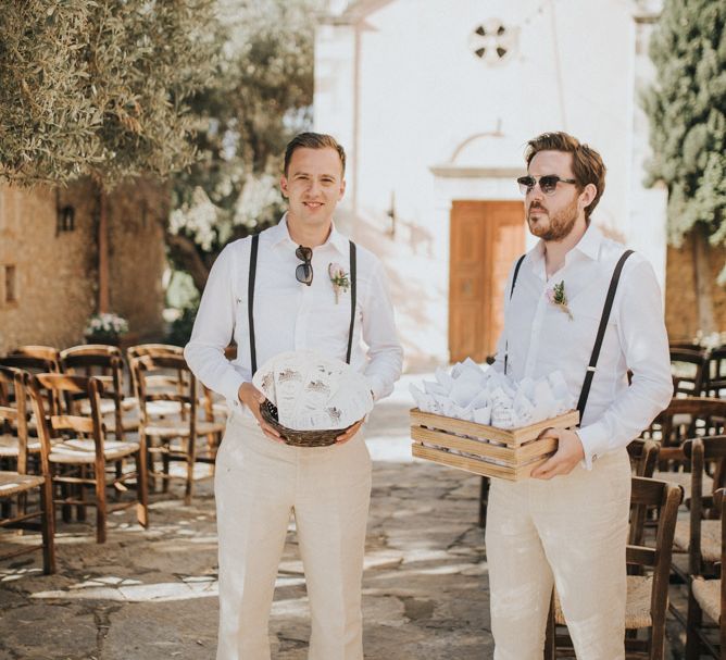 Groomsmen in n Beige Austin Reed Suit | Outdoor Pastel Destination Wedding at Agreco in Greece | Best Moments Wedding Planner | Paulina Weddings Photography