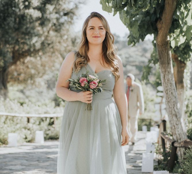 Bridesmaid in Pale Green For Her and For Him Chiffon Dress | Outdoor Pastel Destination Wedding at Agreco in Greece | Best Moments Wedding Planner | Paulina Weddings Photography