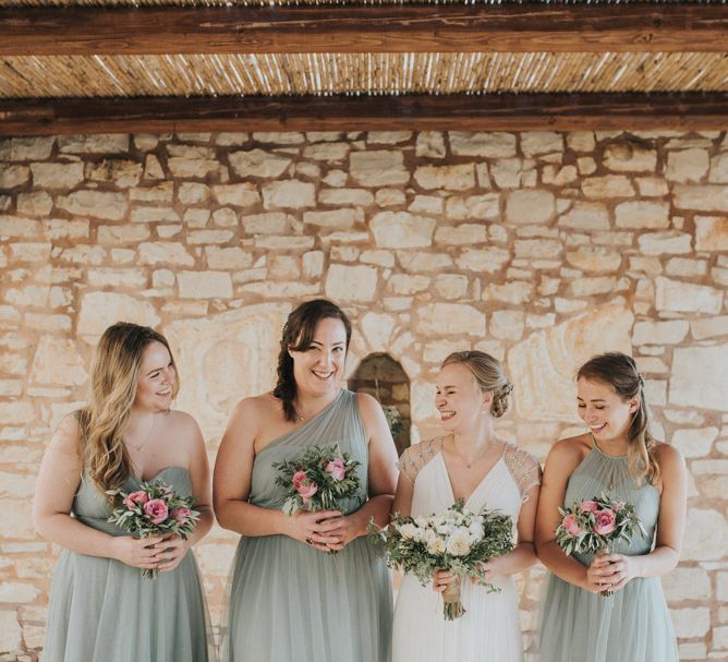 Bridesmaids in Pale Green For Her and For Him Chiffon Dresses | Outdoor Pastel Destination Wedding at Agreco in Greece | Best Moments Wedding Planner | Paulina Weddings Photography