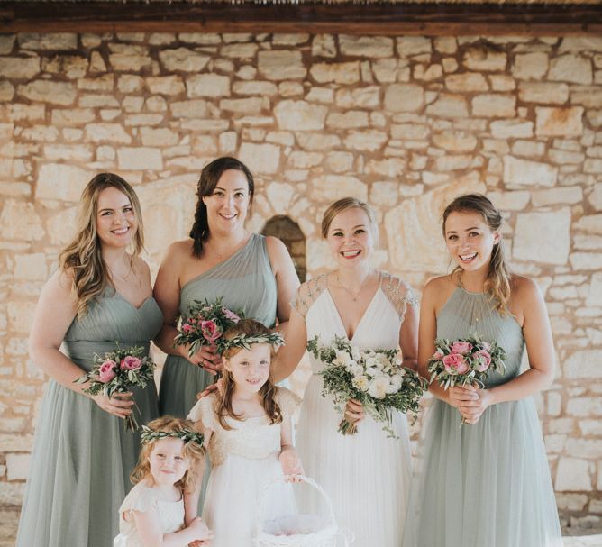 Bridesmaids in Pale Green For Her and For Him Chiffon Dresses | Outdoor Pastel Destination Wedding at Agreco in Greece | Best Moments Wedding Planner | Paulina Weddings Photography