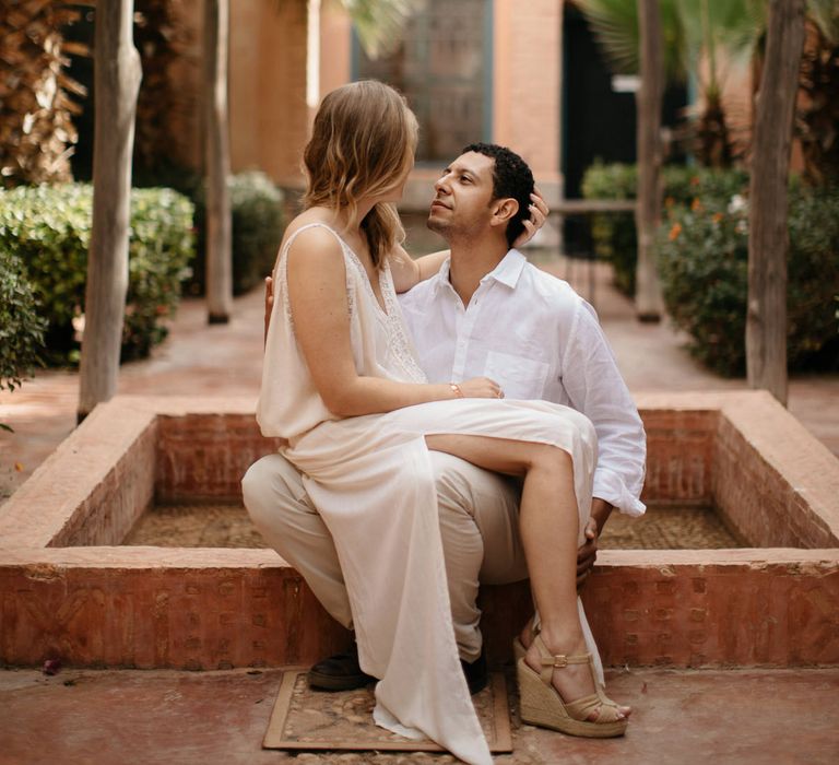 Bride in Celestina Agostino Wedding Dress | Groom in Light Blue Suit | Beldi Hotel, Marrakech Destination Wedding | Lifestories Wedding Photography