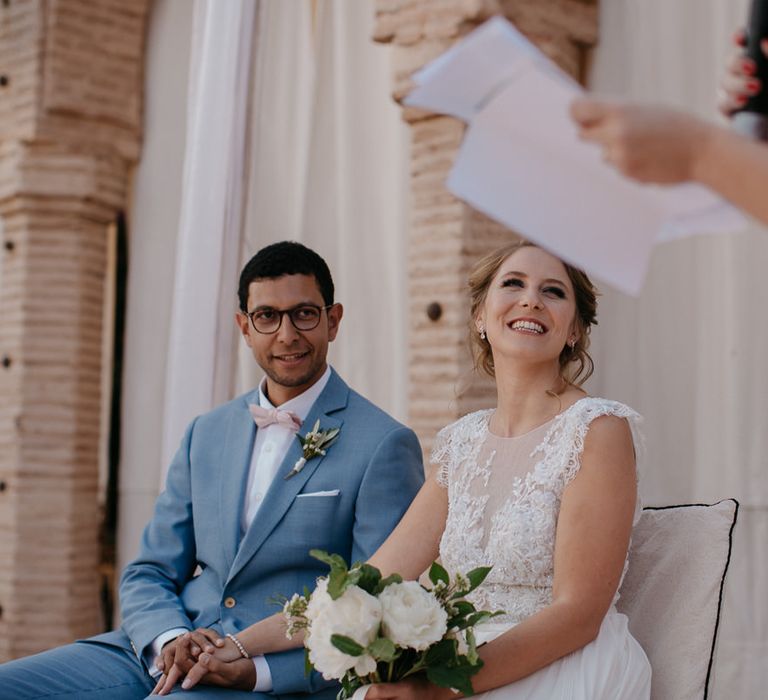 Bride in Celestina Agostino Wedding Dress | Groom in Light Blue Suit | Beldi Hotel, Marrakech Destination Wedding | Lifestories Wedding Photography