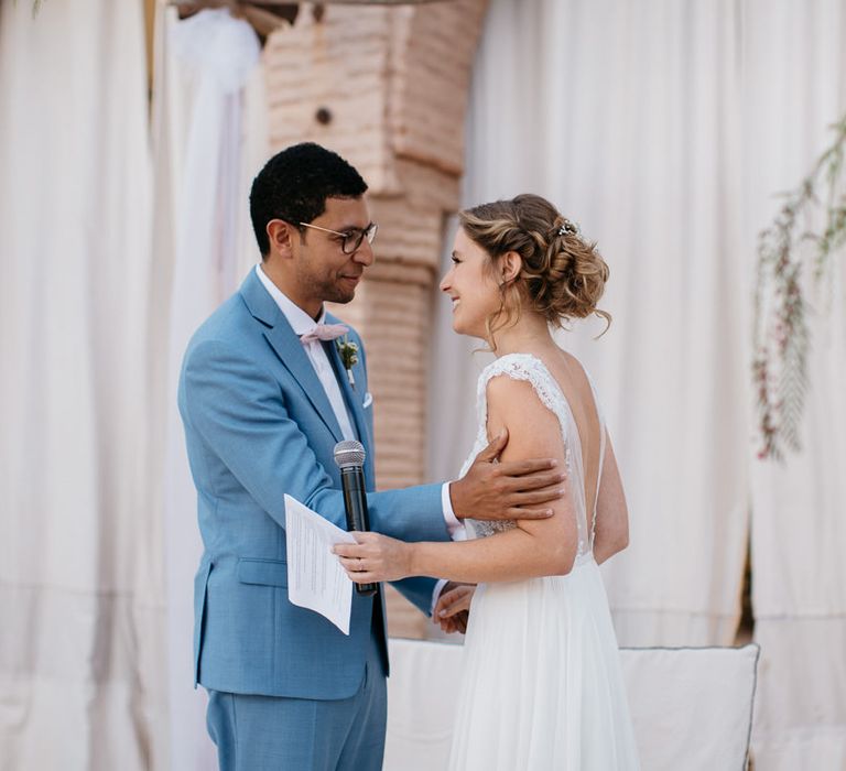 Bride in Celestina Agostino Wedding Dress | Groom in Light Blue Suit | Beldi Hotel, Marrakech Destination Wedding | Lifestories Wedding Photography