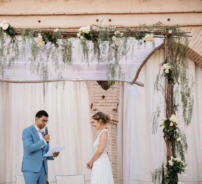 Bride in Celestina Agostino Wedding Dress | Groom in Light Blue Suit | Beldi Hotel, Marrakech Destination Wedding | Lifestories Wedding Photography