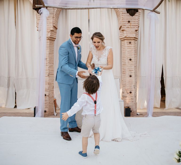 Bride in Celestina Agostino Wedding Dress | Groom in Light Blue Suit | Beldi Hotel, Marrakech Destination Wedding | Lifestories Wedding Photography