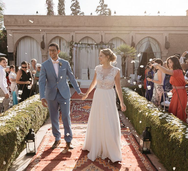 Bride in Celestina Agostino Wedding Dress | Groom in Light Blue Suit | Beldi Hotel, Marrakech Destination Wedding | Lifestories Wedding Photography