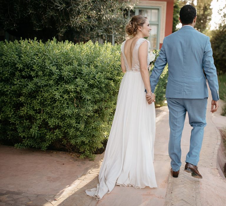 Bride in Celestina Agostino Wedding Dress | Groom in Light Blue Suit | Beldi Hotel, Marrakech Destination Wedding | Lifestories Wedding Photography