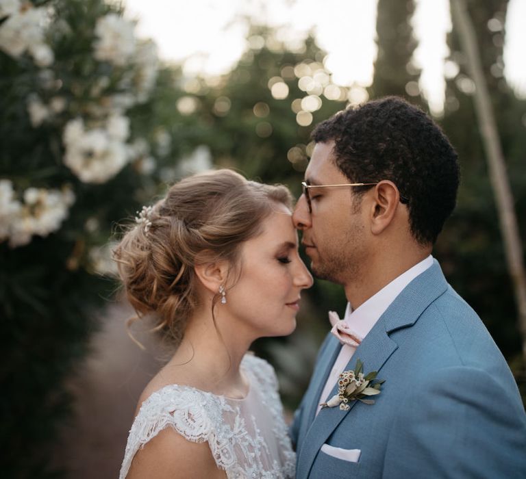 Bride in Celestina Agostino Wedding Dress | Groom in Light Blue Suit | Beldi Hotel, Marrakech Destination Wedding | Lifestories Wedding Photography