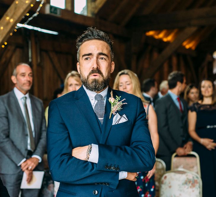 Groom at The Altar in Navy Reiss Suit | Rustic Wedding at Yoghurt Rooms in Sussex | Louise Griffin Photography