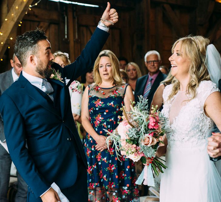 Groom at the Altar in Navy Reiss Suit | Rustic Wedding at Yoghurt Rooms in Sussex | Louise Griffin Photography