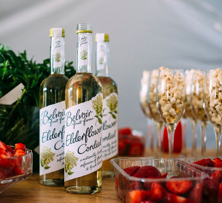 Elderflower Cordial & Fruit Pimp Your Prosecco Station | Rustic Wedding at Yoghurt Rooms in Sussex | Louise Griffin Photography