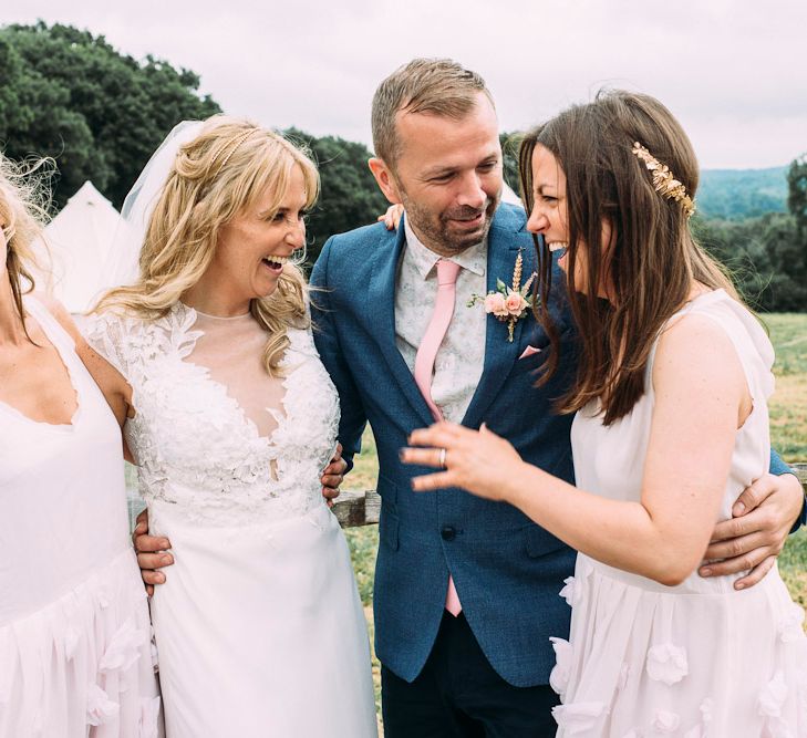 Bride in Aster & Ivy Wedding Dress | Bridesmaids in Blush French Connection Dresses | Rustic Wedding at Yoghurt Rooms in Sussex | Louise Griffin Photography