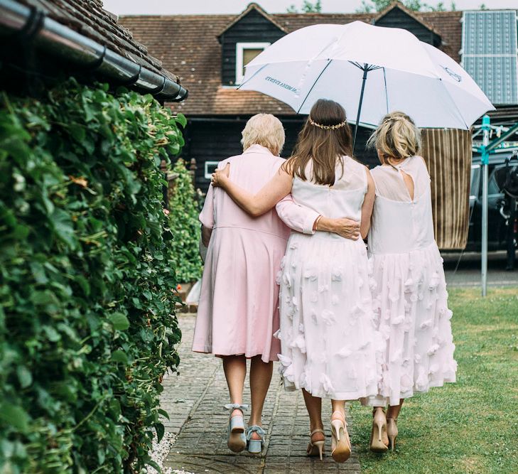 Bridesmaids in Blush French Connection Applique Dresses | Rustic Wedding at Yoghurt Rooms in Sussex | Louise Griffin Photography