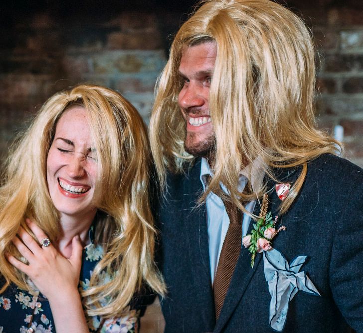 Fake Wigs | Wedding Guests | Rustic Wedding at Yoghurt Rooms in Sussex | Louise Griffin Photography