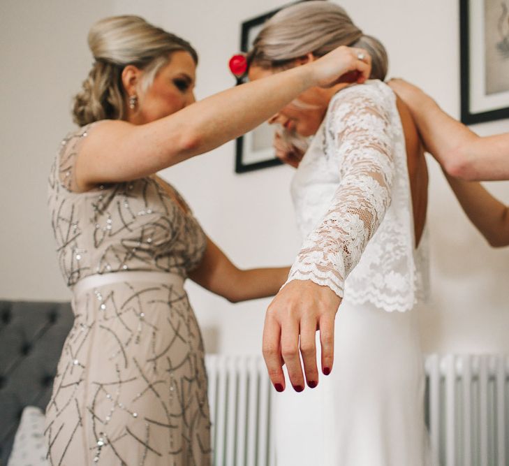 Bride in Charlie Brear Torum Dress & Adrianna Lace Jacket | Bridesmaids in Sequin Adrianna Papell Dresses | Getting Ready | S6 Photography