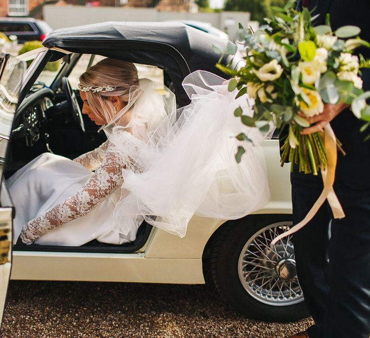 Bride in Charlie Brear Torum Dress & Adrianna Lace Jacket | 1970 MG Midget Wedding Car | S6 Photography