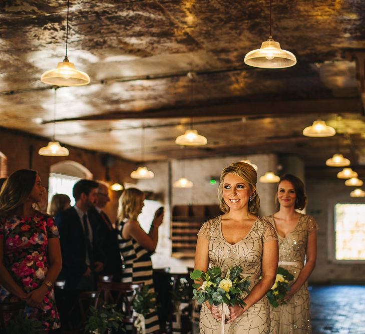 Bridesmaids in Sequin Adrianna Papell Dresses | Industrial Wedding Ceremony at The West Mill | S6 Photography