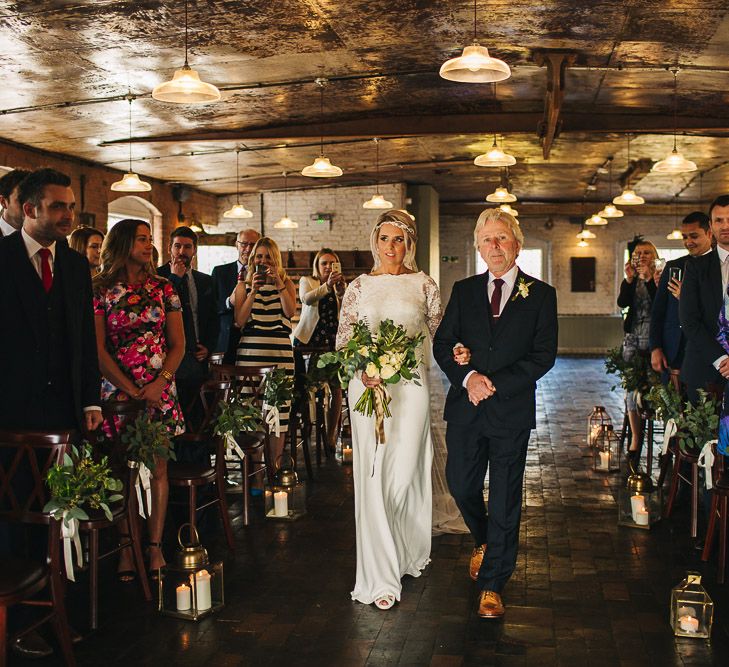 Bride in Charlie Brear Torum Dress & Adrianna Lace Jacket | Industrial Wedding Ceremony at The West Mill | S6 Photography