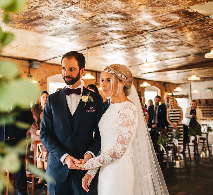 Bride in Charlie Brear Torum Dress & Adrianna Lace Jacket | Industrial Wedding Ceremony at The West Mill | S6 Photography