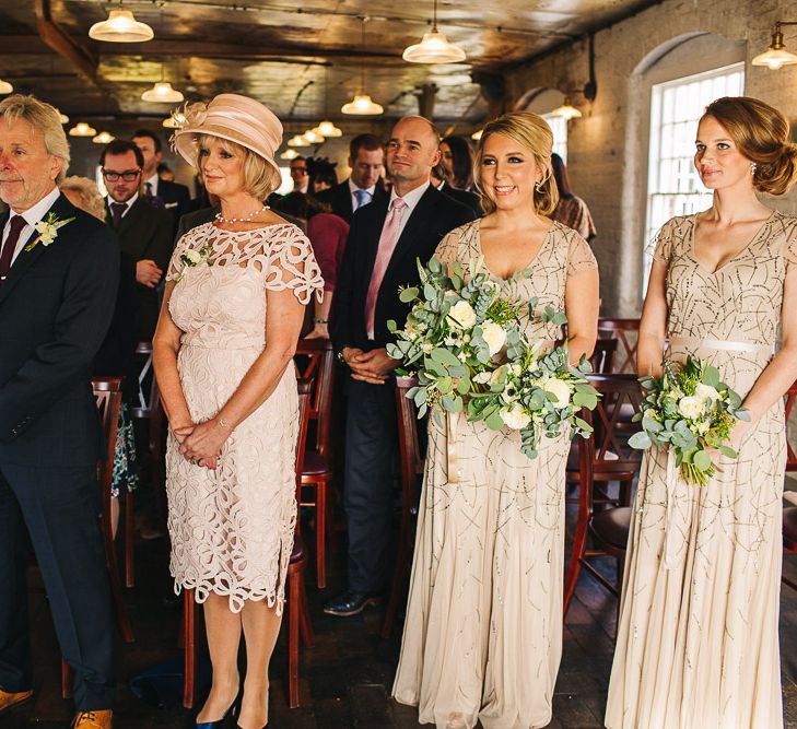 Bridesmaids in Sequin Adrianna Papell Dresses | Industrial Wedding Ceremony at The West Mill | S6 Photography