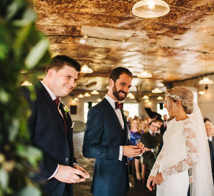 Bride in Charlie Brear Torum Dress & Adrianna Lace Jacket | Industrial Wedding Ceremony at The West Mill | S6 Photography