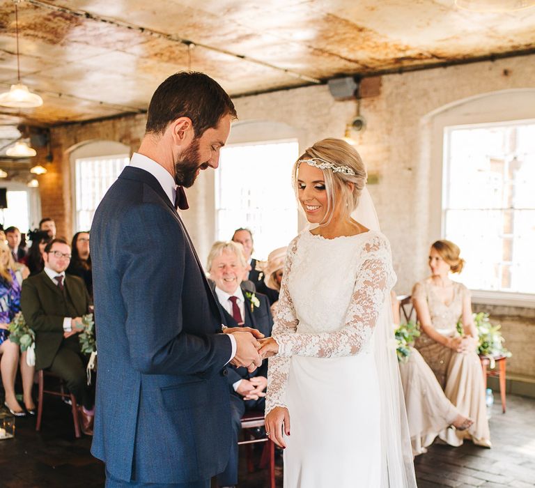 Bride in Charlie Brear Torum Dress & Adrianna Lace Jacket | Industrial Wedding Ceremony at The West Mill | S6 Photography