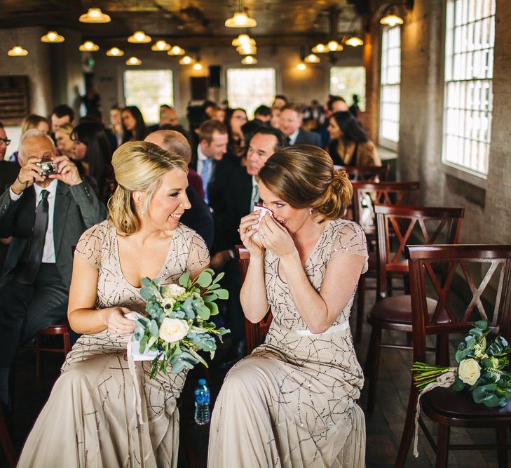 Bridesmaids in Sequin Adrianna Papell Dresses | Industrial Wedding Ceremony at The West Mill | S6 Photography