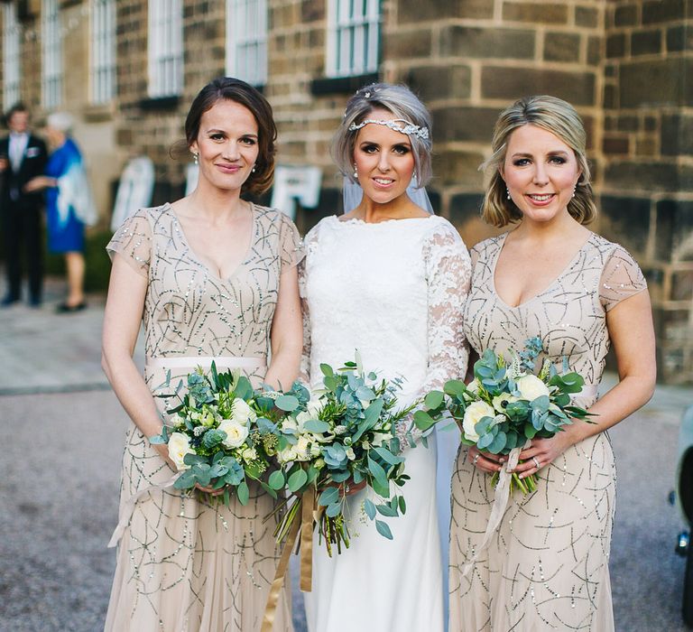 Bride in Charlie Brear Torum Dress & Adrianna Lace Jacket | Bridesmaids in Sequin Adrianna Papell Dresses | S6 Photography