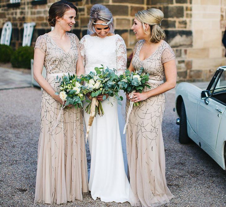 Bride in Charlie Brear | Bridesmaids in Sequin Adrianna Papell Dresses | 1970 MG Midget Wedding Car | S6 Photography