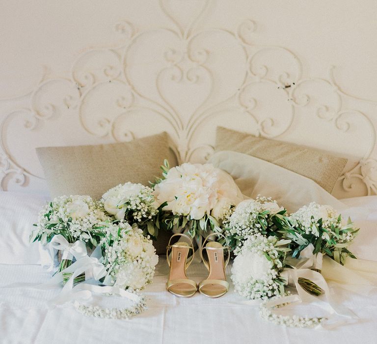 Wedding Bouquets & Bridal Shoes | Intimate Destination, Family Wedding Planned by The Knot in Italy Weddings at Castello Il Palagio , Italy | Linda Nari Photography