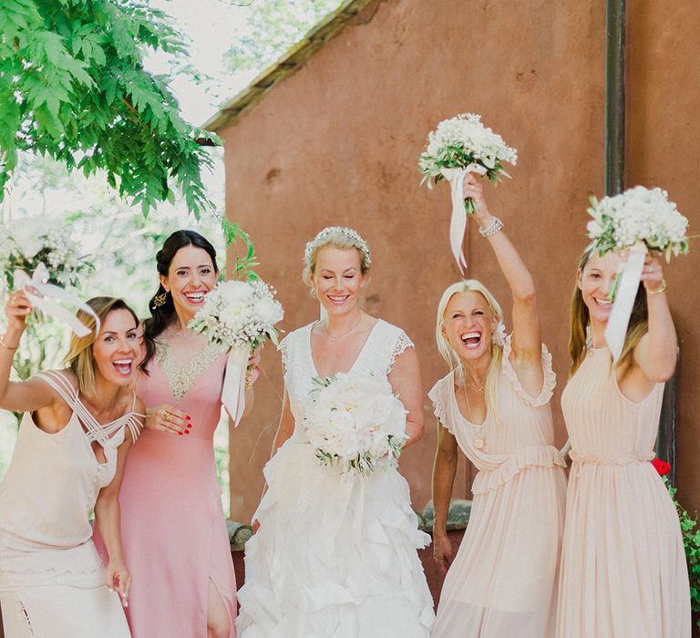 Bridesmaids in Different Blush Dresses | Bride in Monique L'Huillier Skirt, Bridal Separates | Linda Nari Photography