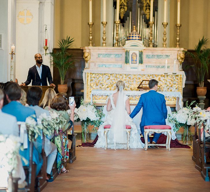 Wedding Ceremony | Bride in Monique L'Huillier Skirt, Bridal Separates Groom in Light Blue Baldessarini Suit | Linda Nari Photography