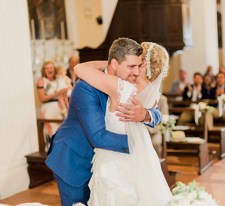 Wedding Ceremony | Bride in Monique L'Huillier Skirt, Bridal Separates Groom in Light Blue Baldessarini Suit | Linda Nari Photography