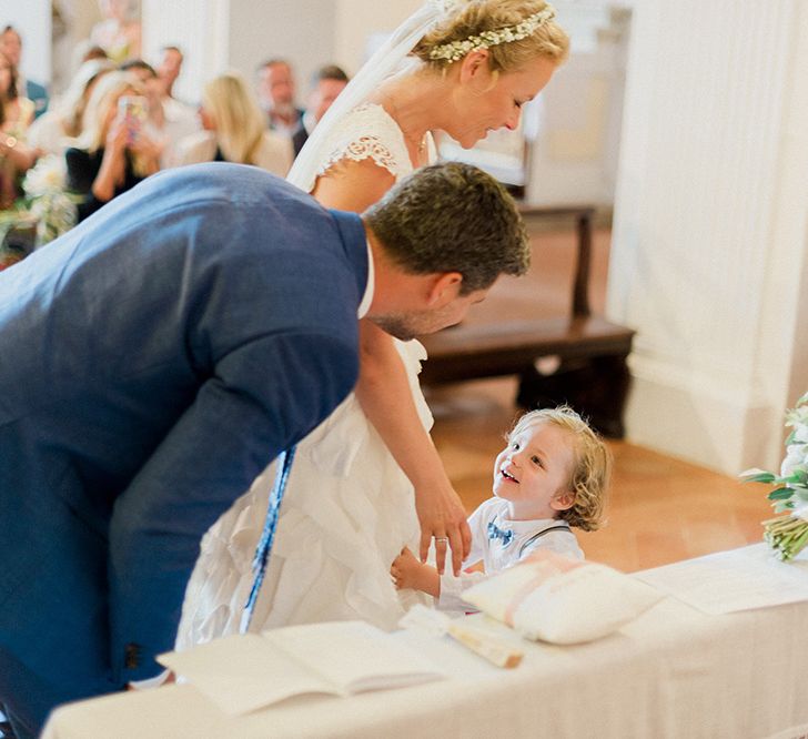 Wedding Ceremony | Bride in Monique L'Huillier Skirt, Bridal Separates | Groom in Light Blue Baldessarini Suit | Linda Nari Photography