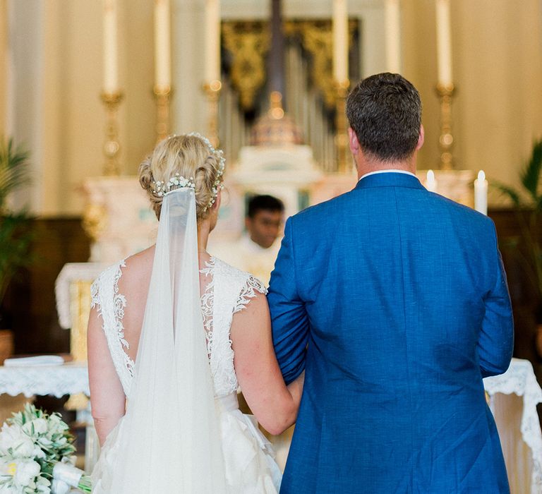 Wedding Ceremony | Bride in Monique L'Huillier Skirt, Bridal Separates | Groom in Light Blue Baldessarini Suit | Linda Nari Photography