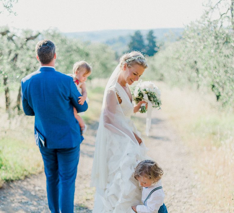 Family | Bride in Monique L'Huillier Skirt, Bridal Separates | Groom in Light Blue Baldessarini Suit | Linda Nari Photography