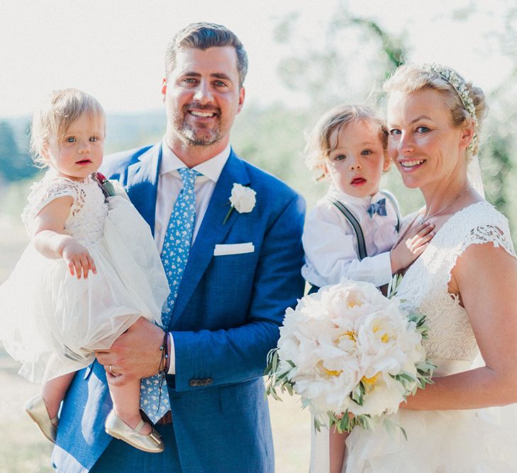 Family | Bride in Monique L'Huillier Skirt, Bridal Separates | Groom in Light Blue Baldessarini Suit | Linda Nari Photography