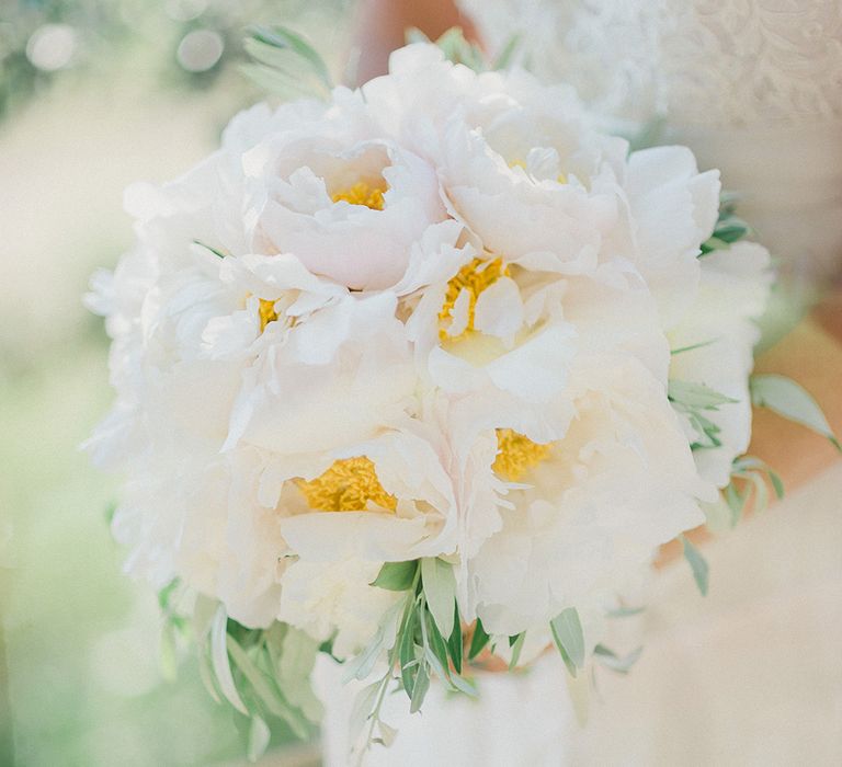 Bride in Monique L'Huillier Skirt, Bridal Separates | White Peony Bouquet | Linda Nari Photography