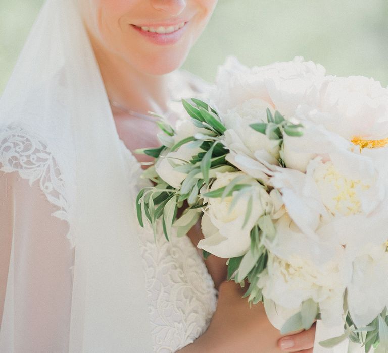 Bride in Monique L'Huillier Skirt, Bridal Separates | White Peony Bouquet | Linda Nari Photography