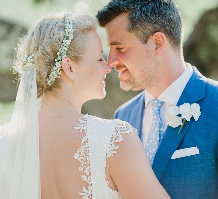 Bride in Monique L'Huillier Skirt, Bridal Separates Groom in Light Blue Baldessarini Suit | Linda Nari Photography