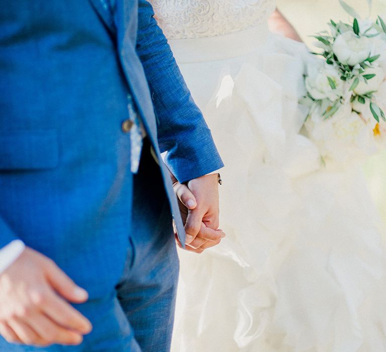 Bride in Monique L'Huillier Skirt, Bridal Separates Groom in Light Blue Baldessarini Suit | Linda Nari Photography