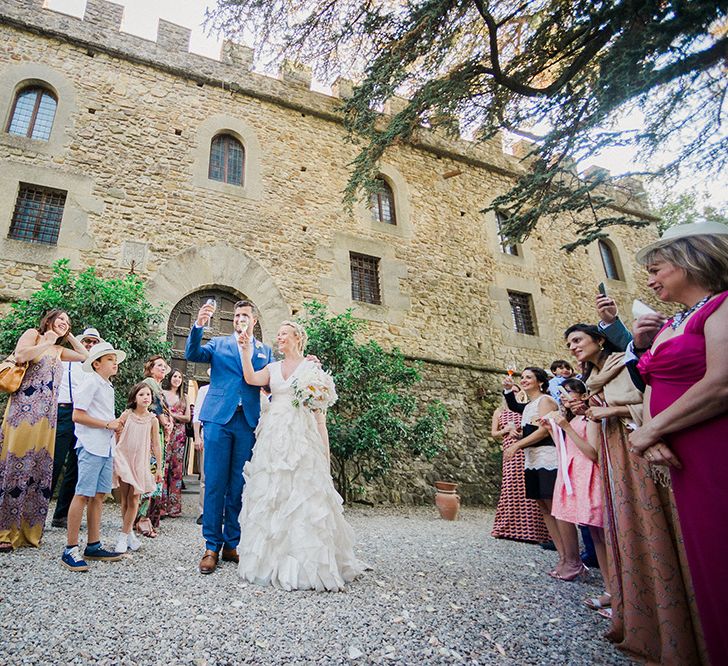 Bride in Monique L'Huillier Skirt, Bridal Separates Groom in Light Blue Baldessarini Suit | Linda Nari Photography