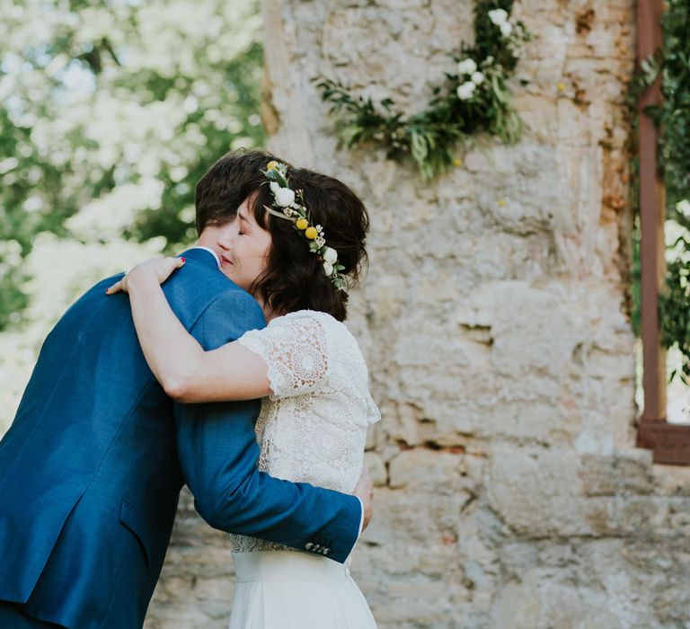 Boho Bride in Bespoke Lace Bridal Separates | Groom in Blue Suit | Chic Rustic French Wedding at Le Morimont Styled by Féelicité | Photography by Chloe