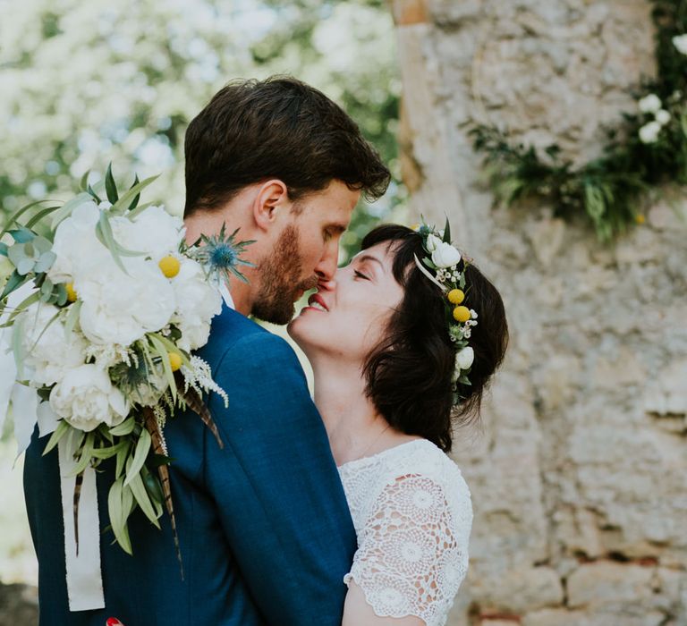 Boho Bride in Bespoke Lace Bridal Separates | Groom in Blue Suit | Chic Rustic French Wedding at Le Morimont Styled by Féelicité | Photography by Chloe