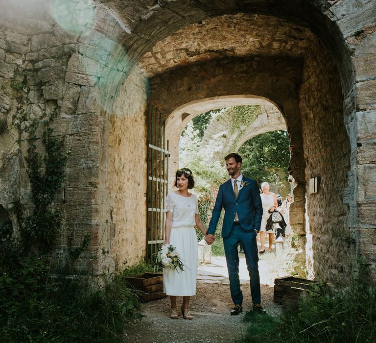 Boho Bride in Bespoke Lace Bridal Separates | Groom in Blue Suit | Chic Rustic French Wedding at Le Morimont Styled by Féelicité | Photography by Chloe