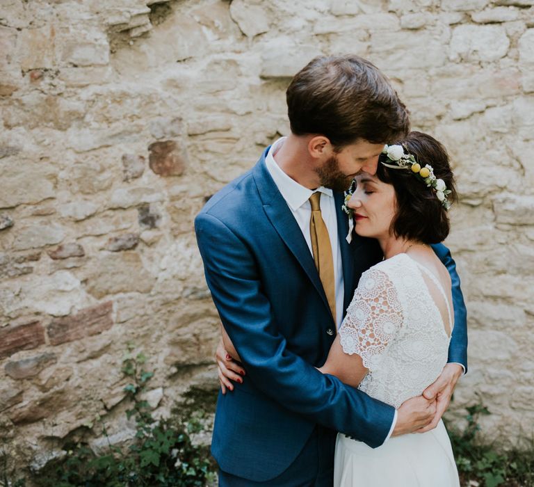 Boho Bride in Bespoke Lace Bridal Separates | Groom in Blue Suit | Chic Rustic French Wedding at Le Morimont Styled by Féelicité | Photography by Chloe