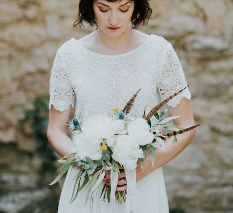 Boho Bride in Bespoke Lace Bridal Separates | Chic Rustic French Wedding at Le Morimont Styled by Féelicité | Photography by Chloe