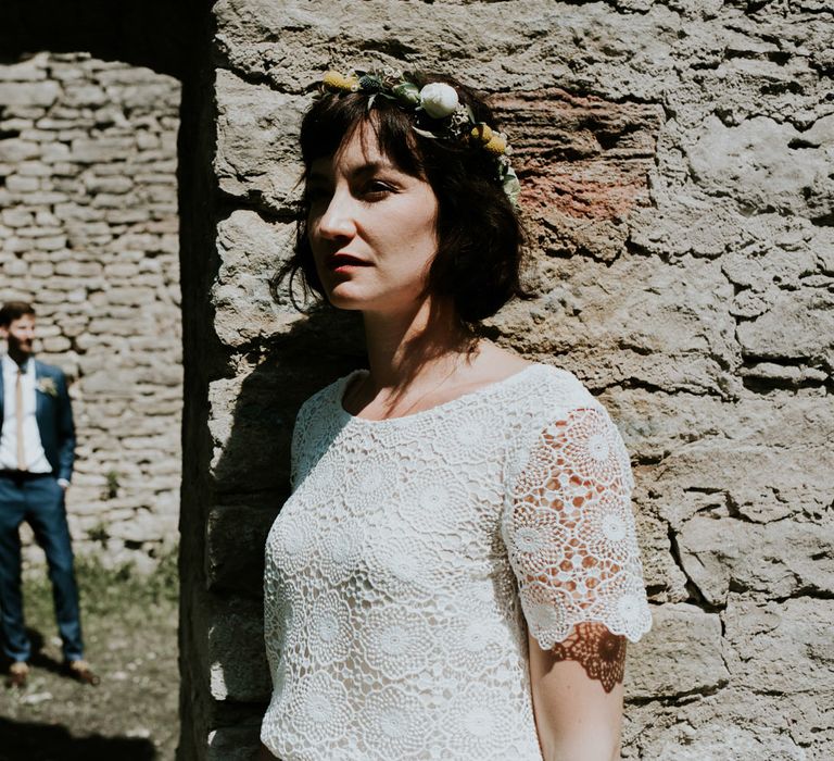 Boho Bride in Bespoke Lace Bridal Separates | Groom in Blue Suit | Chic Rustic French Wedding at Le Morimont Styled by Féelicité | Photography by Chloe